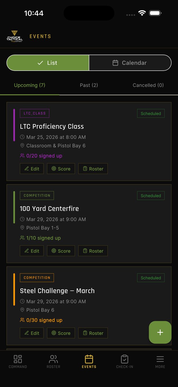 Range Command events list
