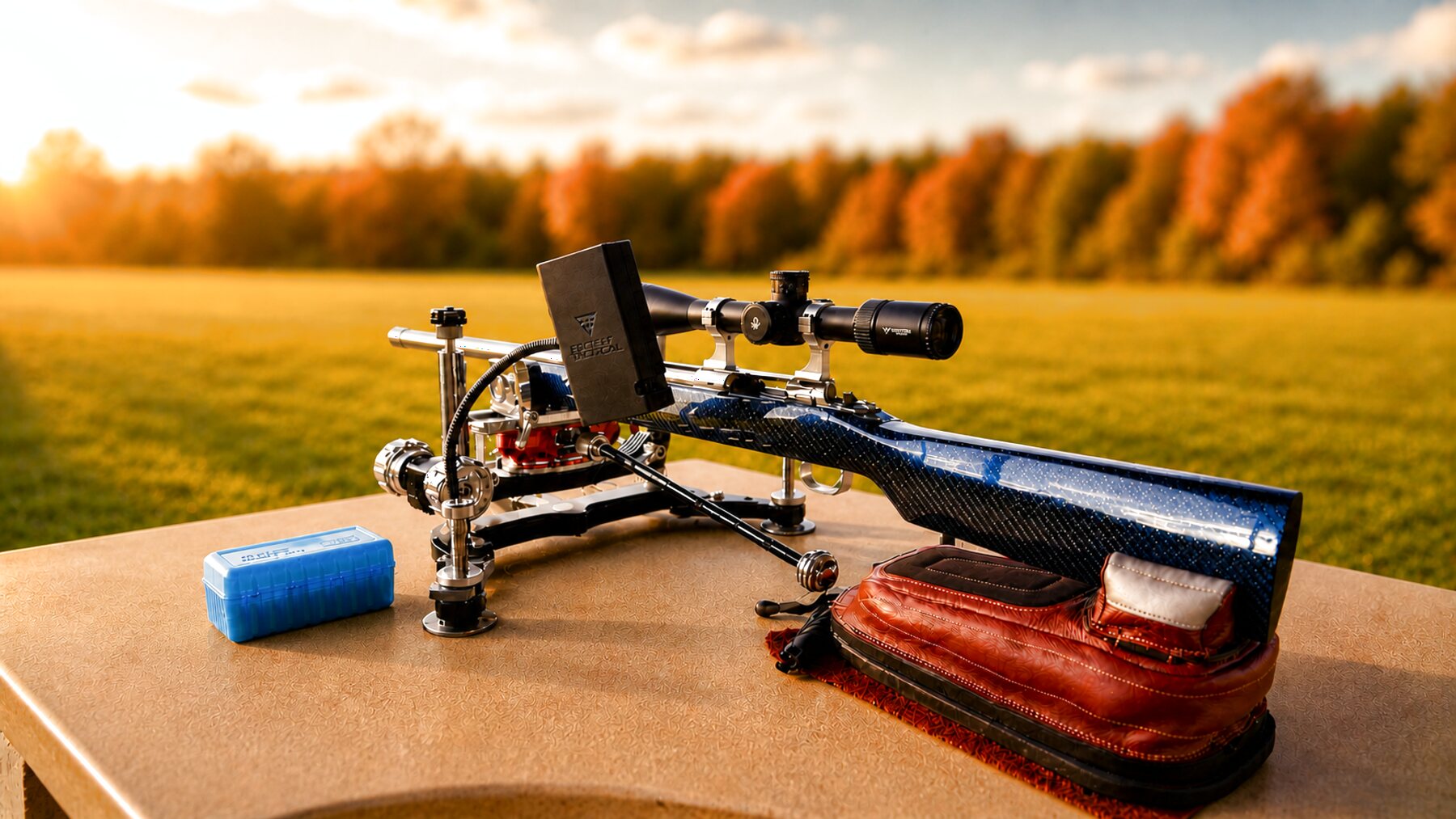 A carbon-stocked benchrest rifle in a front rest and rear bag on the bench at sunset