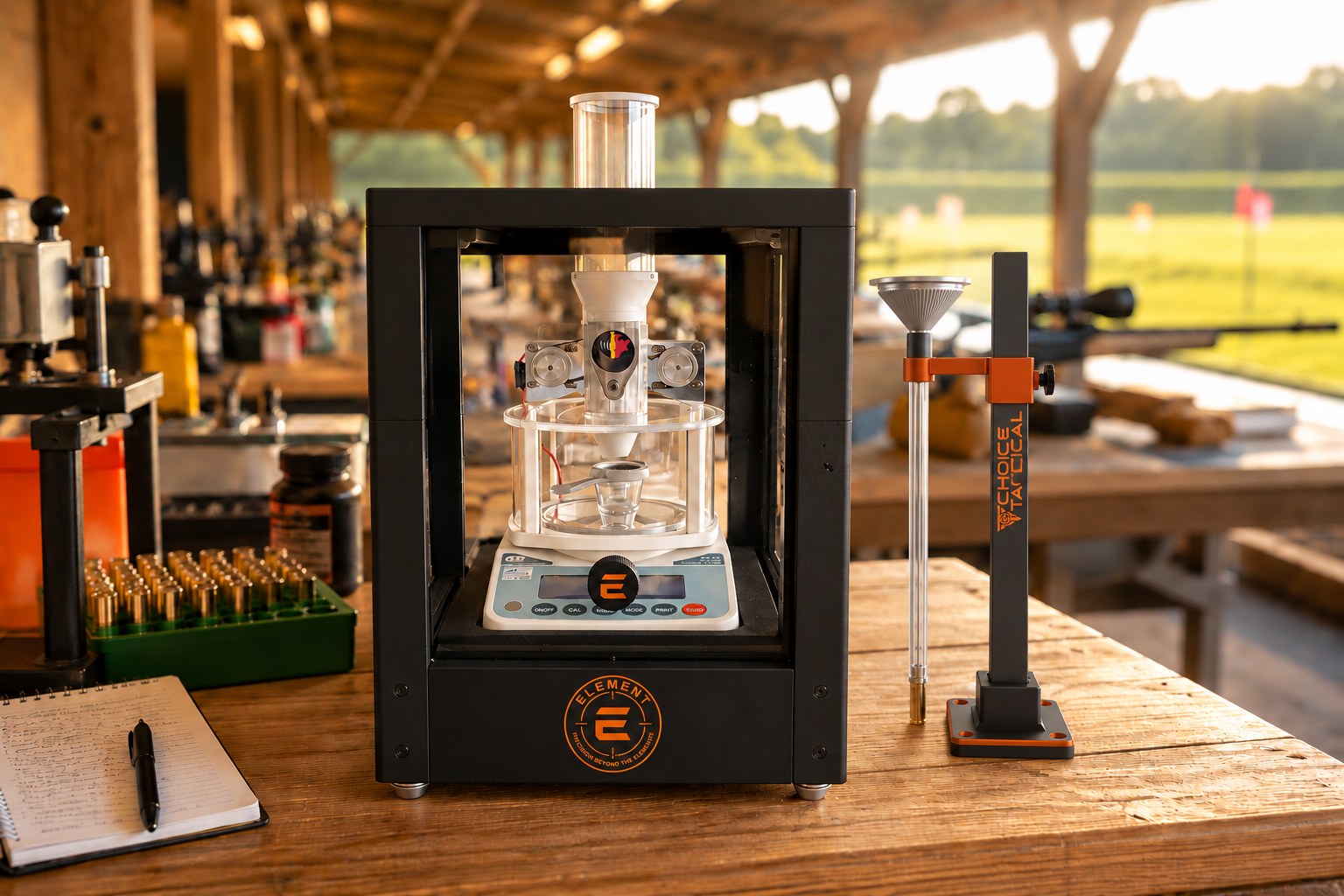 The ELEMENT scale enclosure and the DESCENT drop tube stand on a loading bench at the range